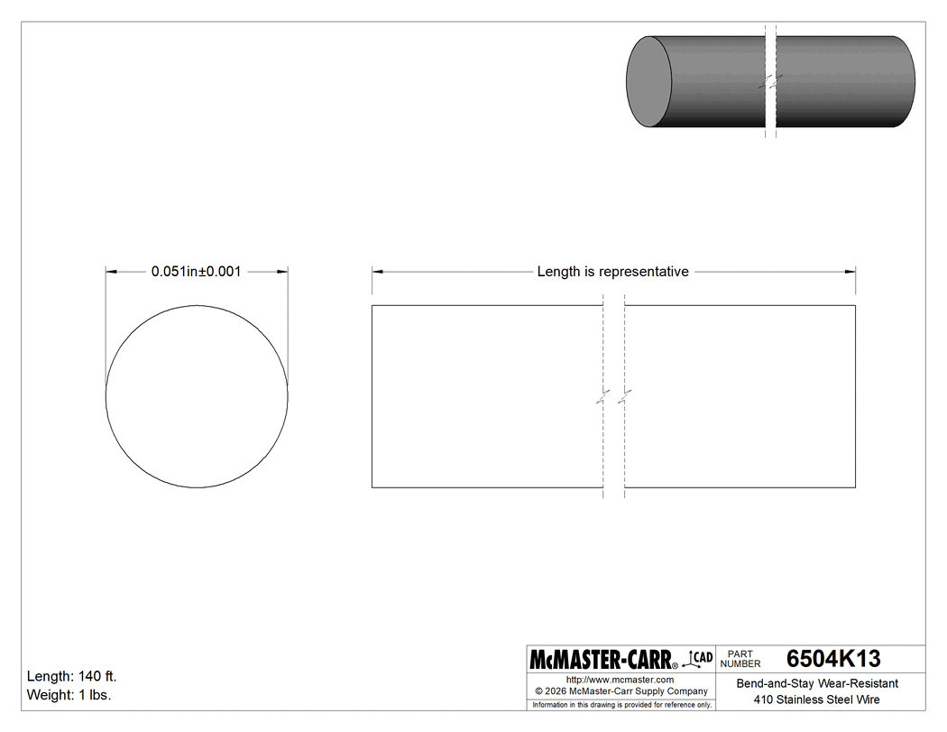 Technical Drawing of Bend-and-Stay Wear-Resistant 410 Stainless Steel Wire, Matte Finish, 1-lb. Coil, 0.051" Diameter.